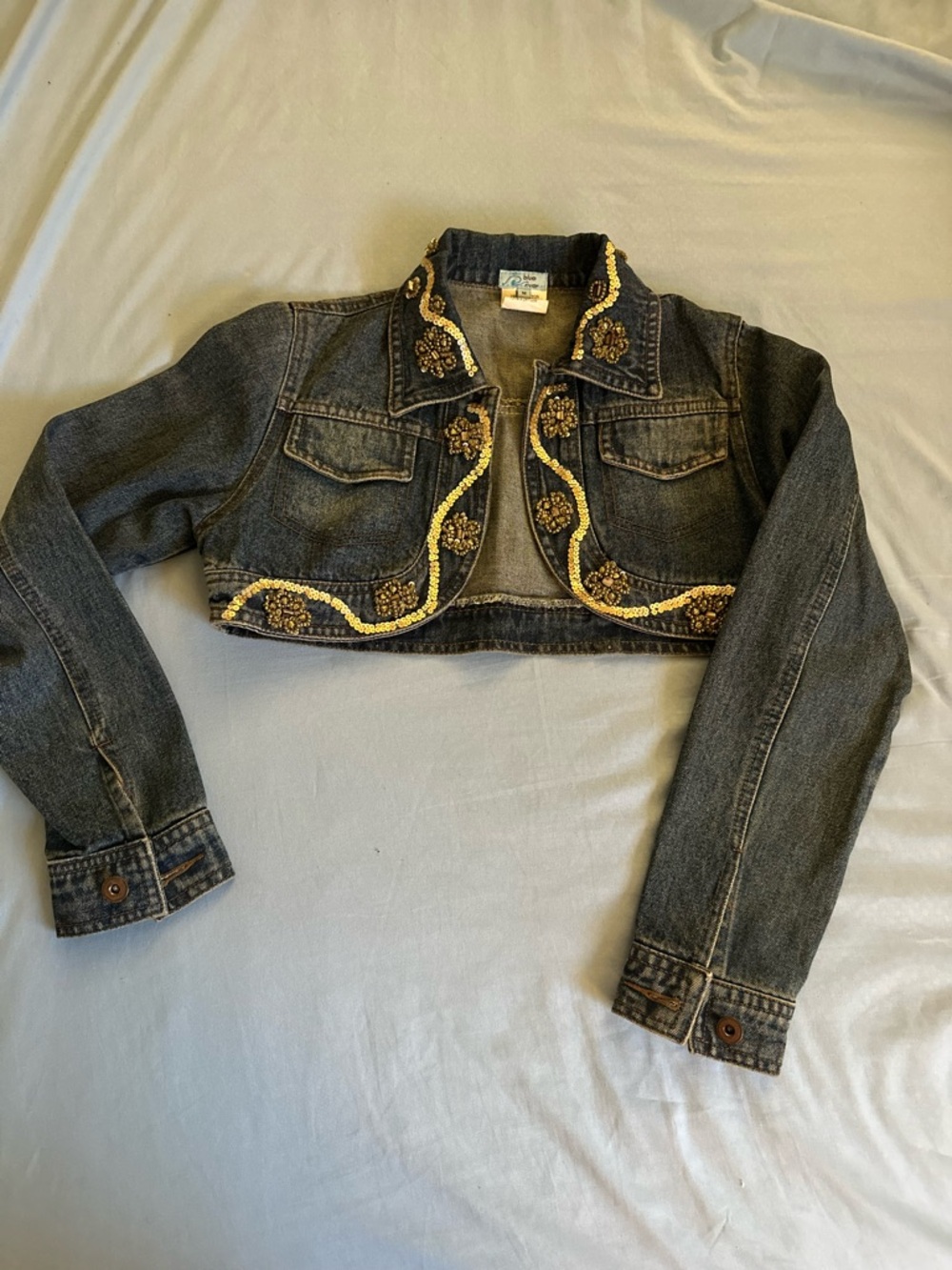 Cropped Dark Wash Denim Jacket with Gold Bead Embroidery - Unbranded